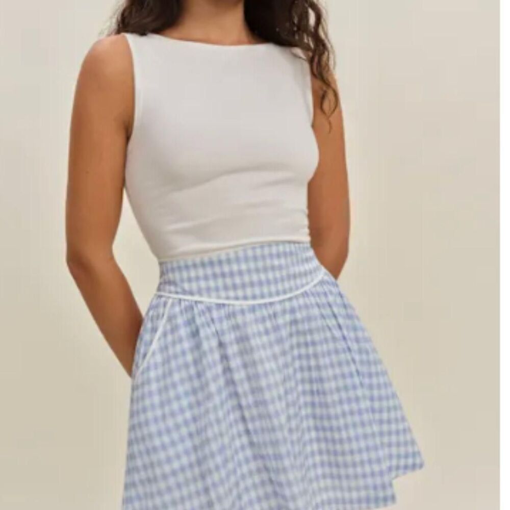Reformation Piper Mini Skirt Gingham Blue Crystal Check Size 4 - Picture 4 of 4